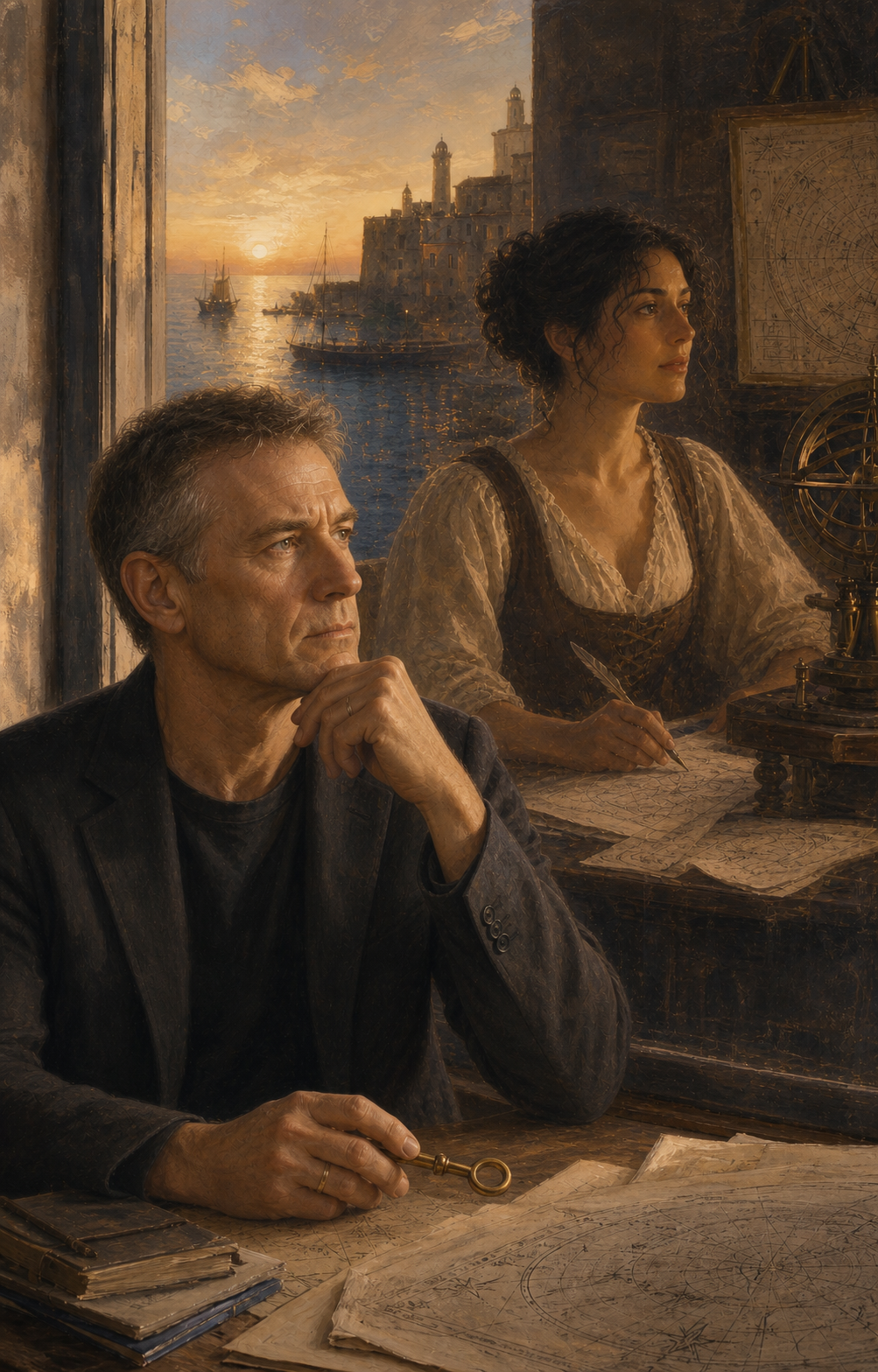 A painterly portrait of an older present-day man and a younger seventeenth-century woman connected across time by a brass key and celestial charts