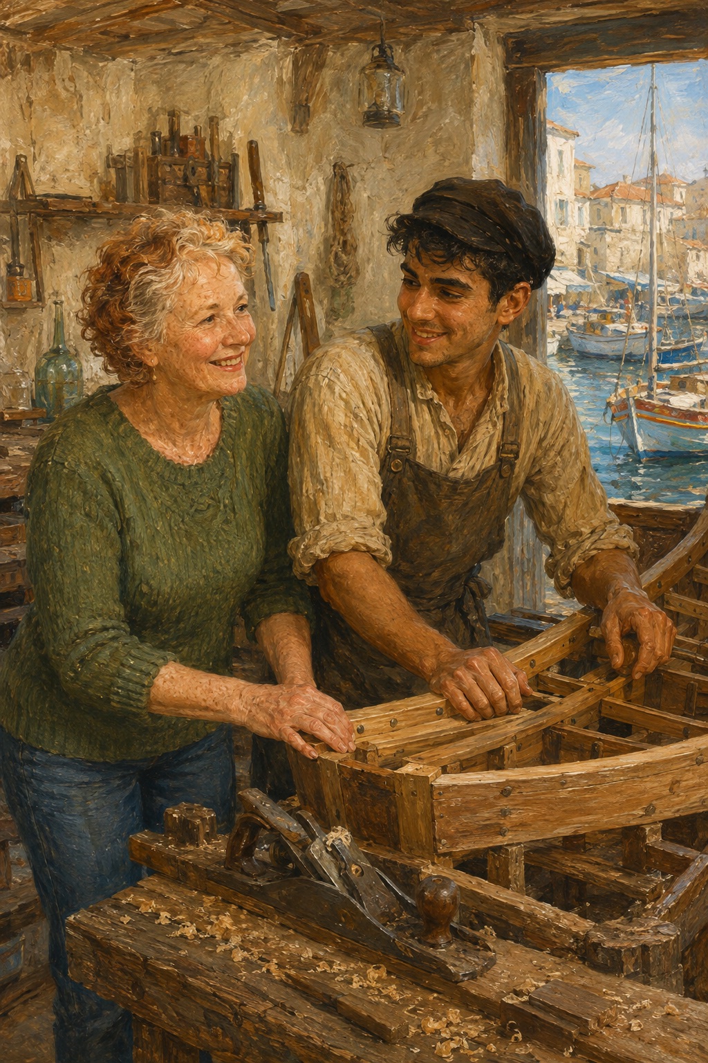 Illustrated example of a present-day woman with red and silver curls and a younger male boatbuilder working together beside a sunlit harbor