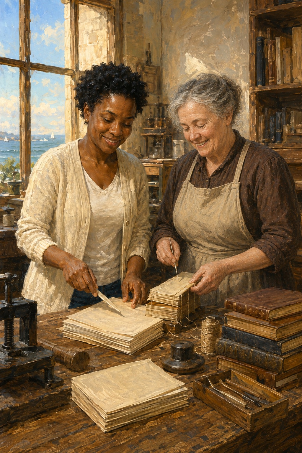 Illustrated example of a present-day woman and a distinct older bookbinder in a sunlit workshop