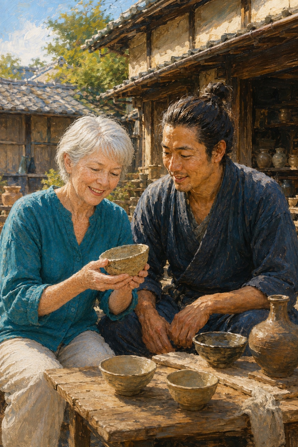 Illustrated example of a silver-haired present-day woman and a younger male potter sharing a handmade bowl