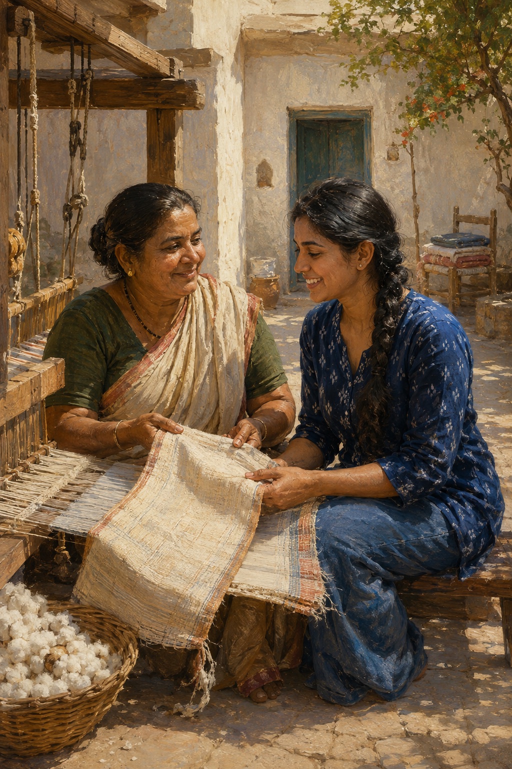 Illustrated example of two distinct women across time sharing woven cloth in a colorful courtyard