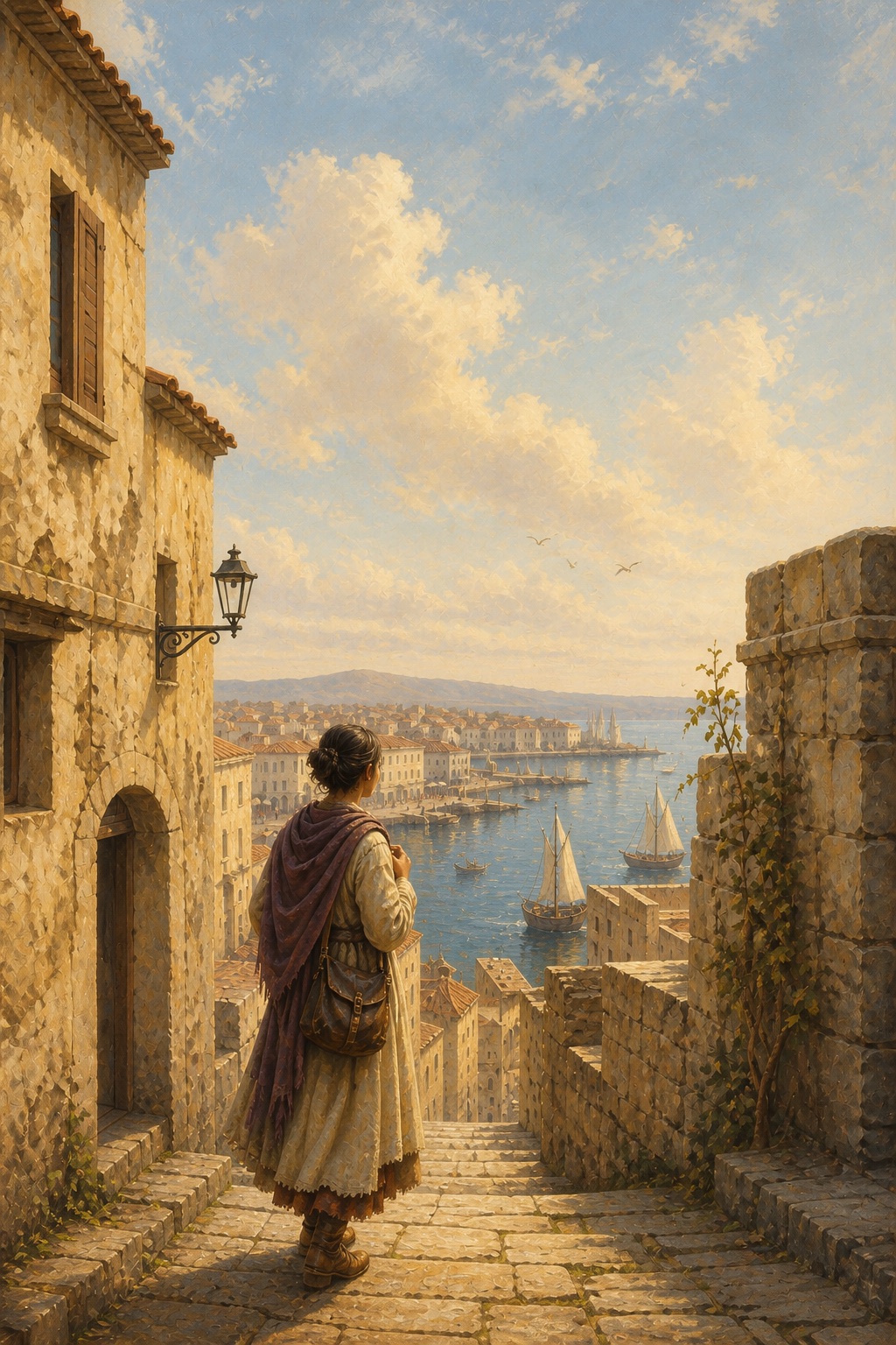 Eliana, the past-life character in this sample, looking over a sunlit Mediterranean harbor in a warm painted scene